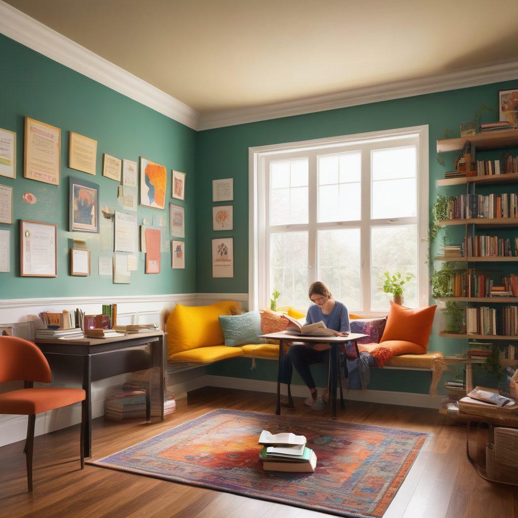 A bright and inviting study space featuring a cozy reading nook filled with colorful books on grammar and language skills. Include a cheerful person engaged in conversation with a language tutor, surrounded by vibrant illustrations of grammar rules and linguistic elements floating around them. The atmosphere should feel warm and inspiring, emphasizing growth and learning. super-realistic. vibrant colors. cozy ambiance.