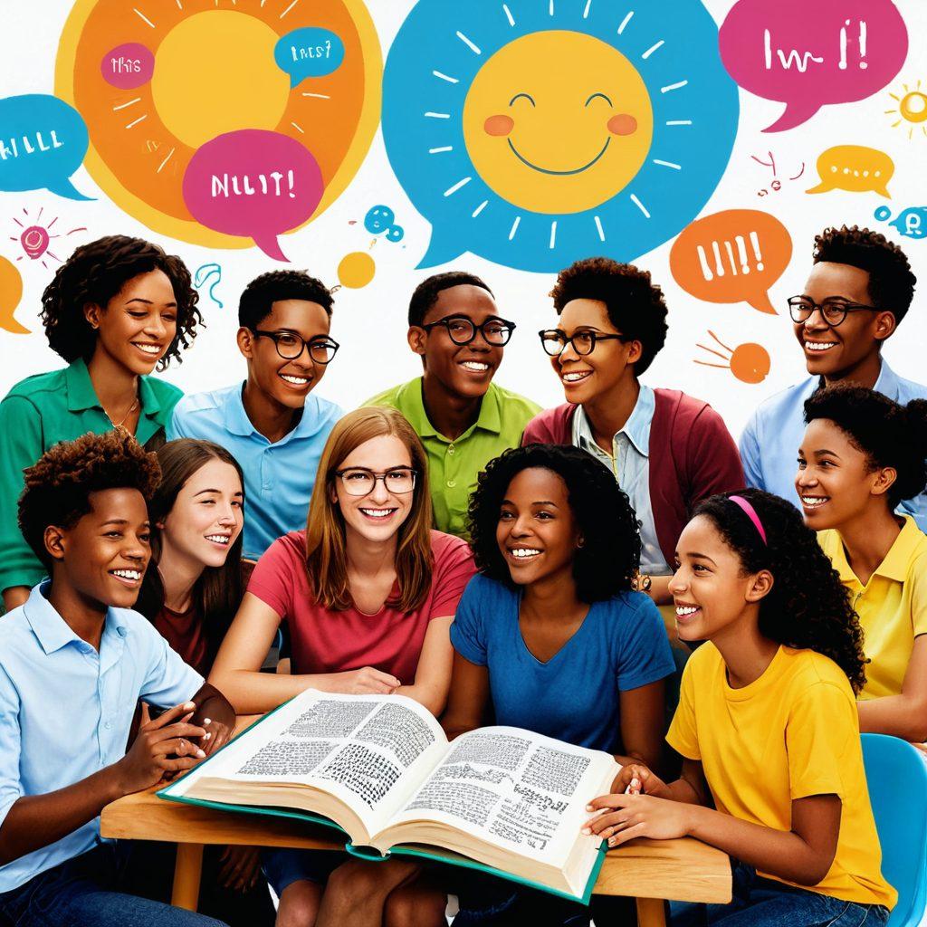 A bright and colorful scene depicting a diverse group of people joyfully engaging in conversation, surrounded by playful illustrations of English words and grammar symbols. Include elements of books, speech bubbles, and cheerful expressions to emphasize learning and communication. The background should radiate positivity and creativity, featuring a sun shining down on a vibrant classroom setting. super-realistic. vibrant colors. white background.