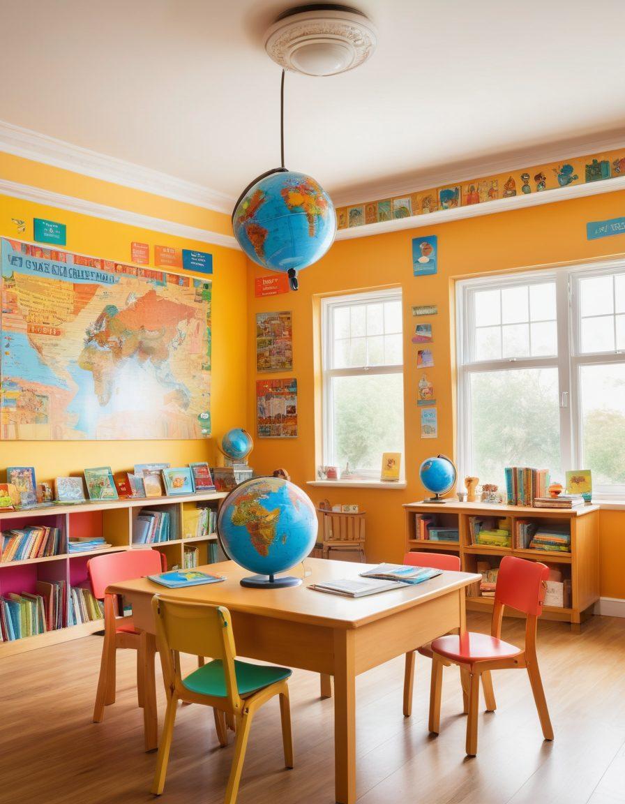 A joyful classroom setting where diverse children are engaged in learning English, surrounded by colorful books and interactive language games. Bright posters with motivational quotes in various languages adorn the walls, and a globe sits prominently on a table, symbolizing global communication. Soft natural light filters through the windows, creating an inviting atmosphere. cartoon style. vibrant colors. white background.